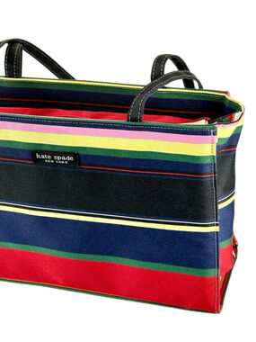 Vintage 90s Kate Spade Canvas Striped Multicolor Zipper Purse Black Handles